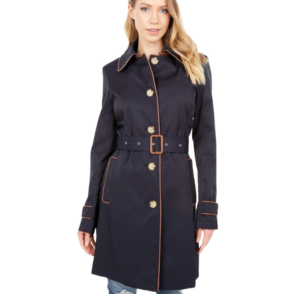 Lauren Ralph Lauren Trench Coat with Faux Leather Trim Navy 1X NWT - Picture 13 of 13